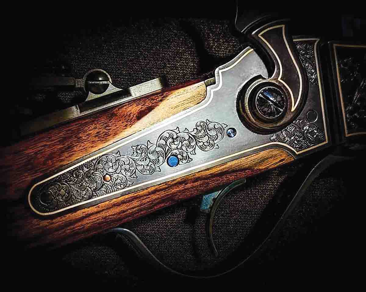 Engraving enhances this “Baby Sharps” rifle, built to 80 percent scale of the ’74 Sharps. (©2023 Parkwest photos)
